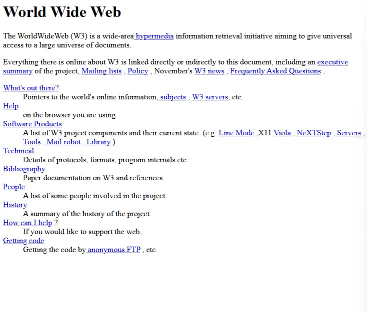 Captura de la primera página web creada por Tim Berners-Lee en 1991
